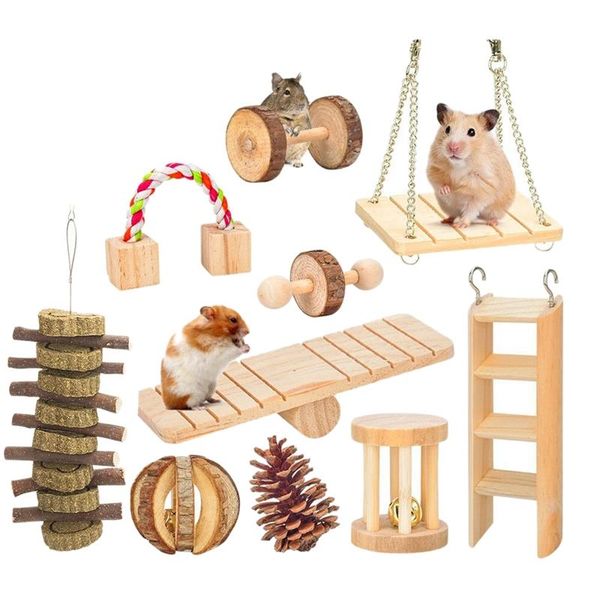 

pcs set hamster chew toys natural wooden gerbils rats chinchillas accessories dumbbells exercise bell roller teeth care small animal supplie