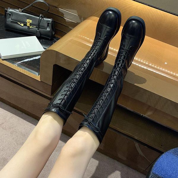 

boots women flat long winter 2021 knee length boot shoes cavalier female roman retro strap, Black