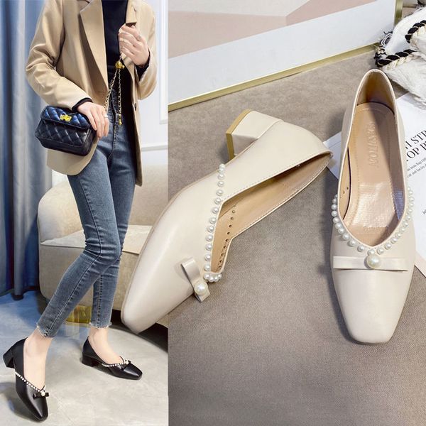 

2022 new europea mary janes spring work shoeswomen pearls mid heels square toefemale fashion design footwareblack/beige, Black