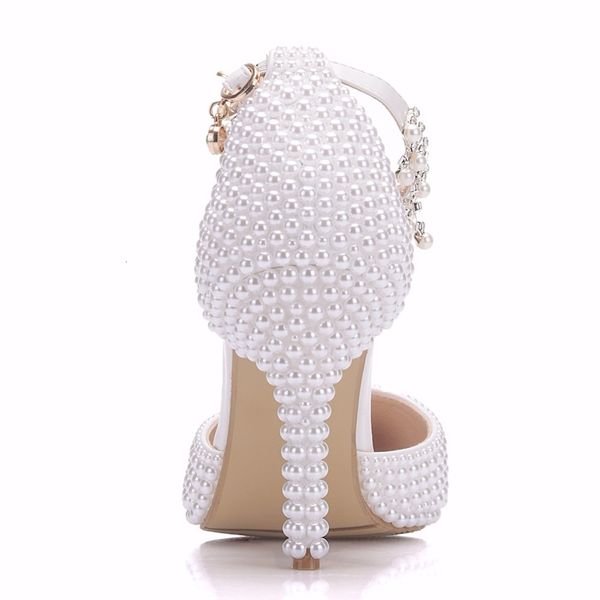 

sandals pointed toe white pearl rhinestone chain wedding thin heels fashion bridal shoes female party sandals, Black