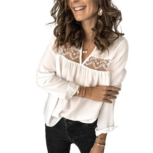 

women's t-shirt 2021 fashion women casual long sleeve v-neck solid loose chiffon shirt, White