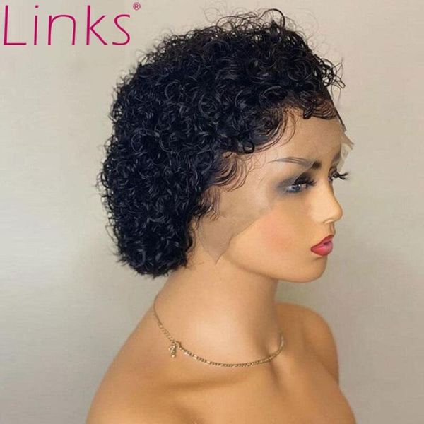 

lace wigs links 6 inch short water curly bob 13x1 t part human hair for black women deep wave pixie cut natural color, Black;brown