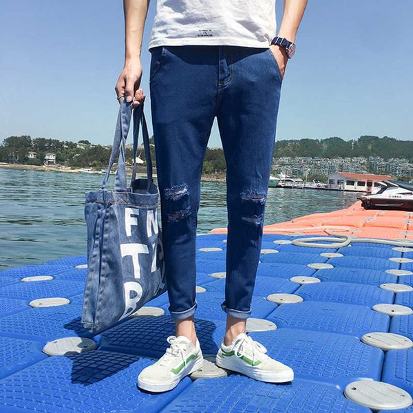 

jeans be korean slim fit little feet show thin men's autumn and winter capris, Blue