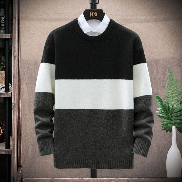

men's sweaters winter mens stripe patchwork knitting pullovers 2021 autumn men clothing casual round collar jersey sweater, White;black
