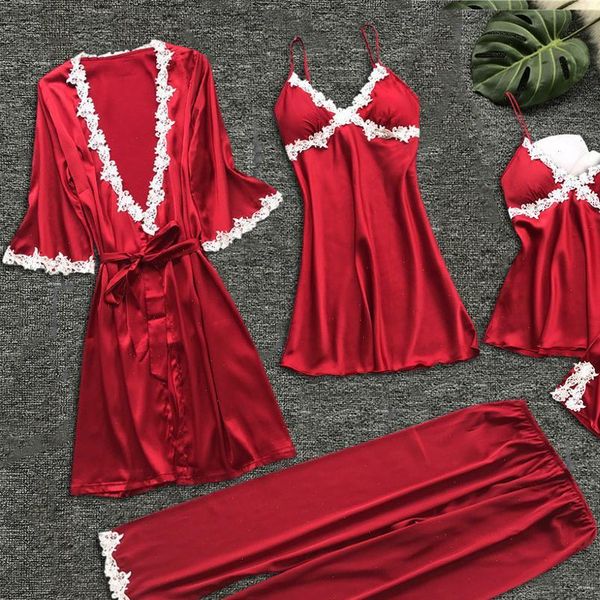 

pajamas 5 pieces satin pijama womens sleepwears silk home wear clothing embroidery sleep lounge pyjama with chest pads, Black;red