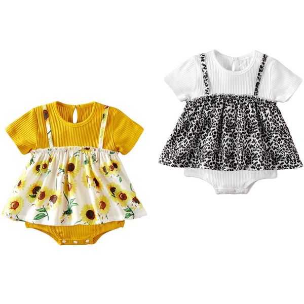 

jumpsuits focusnorm 0-12m summer lovely baby girls romper dress sunflowers/leopard print short sleeve patchwork, Blue