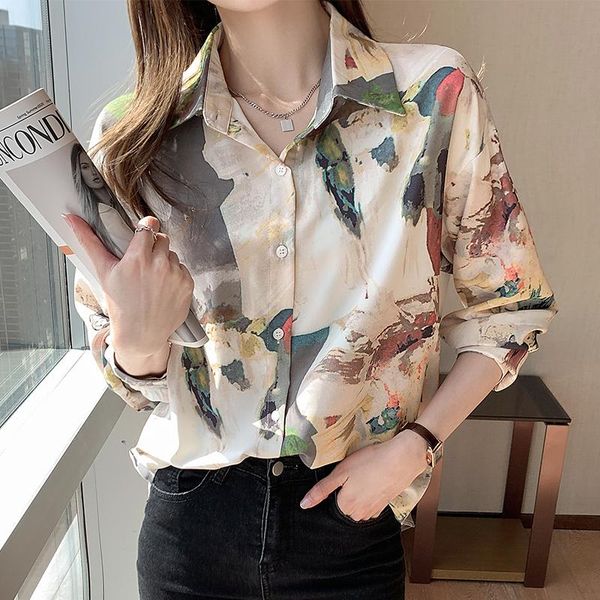 

women's blouses & shirts print ladies casual loose spring autumn long sleeve blusas mujer, White