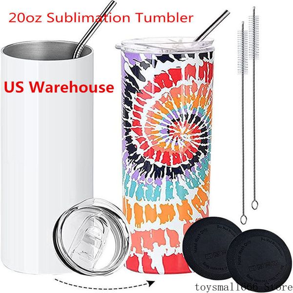 US Warehouse 20-Unzen-Sublimationsbecher, gerade, konischer leerer weißer Becher mit Deckel, Strohhalm und Gummiboden, 20-Unzen-Vakuum-isolierte Trinkbecher aus Edelstahl, SXM8