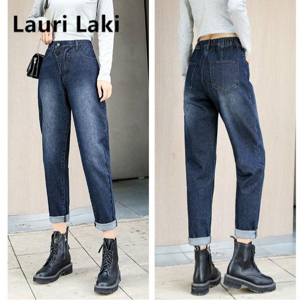 

women's jeans straight harem women plus size elastic waist boyfriend high denim pants 2021 blue loose vintage retro