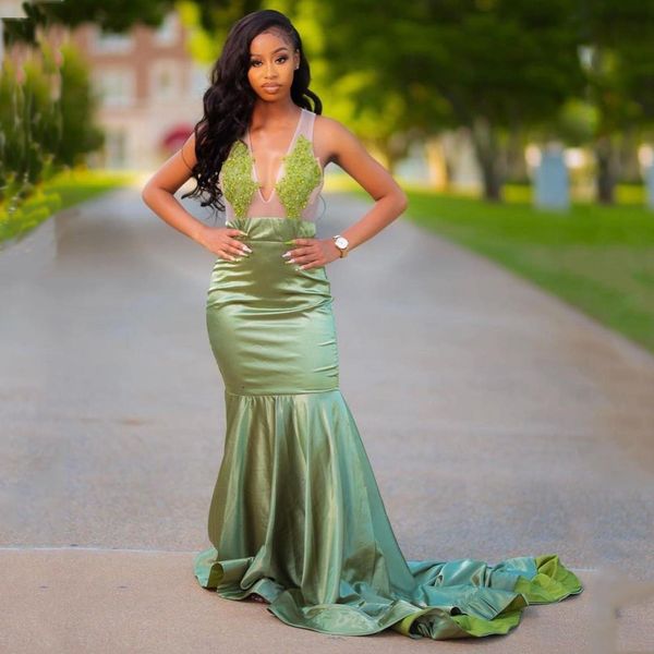 

applique sheer v neck prom dresses mermaid long sweep aso ebi evening party gowns zipper back robe de soiree, Black