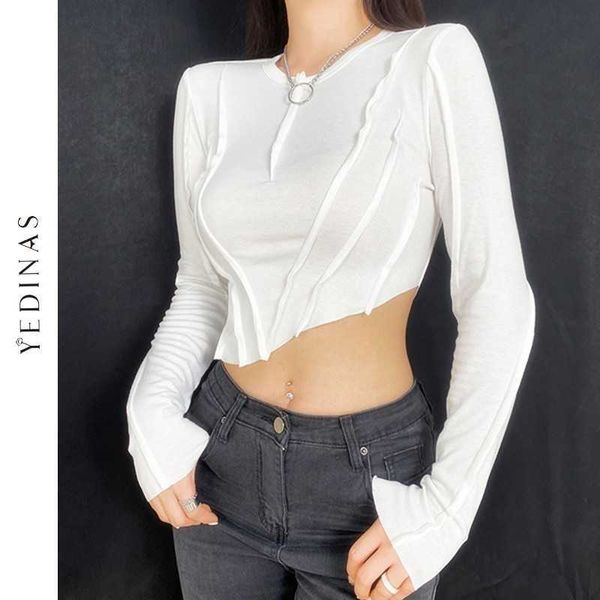 Yedinas Europäische unregelmäßige Crop Top Langarm Hypotenuse Chic Design T-Shirts Frauen Sexy Slim Streetwear Grunge T-Shirts 210527