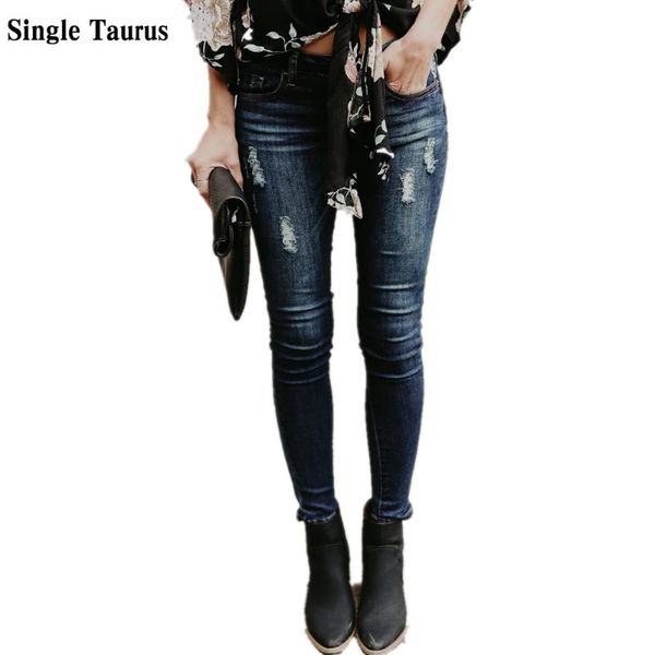 

women's jeans woman's high street elasticity skinny fashion streetwear slim distressed moustache effect vintage denim pants, Blue