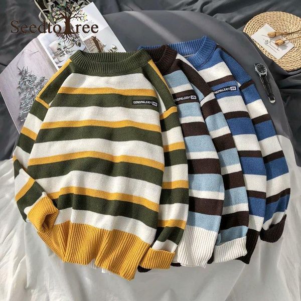 

men's sweaters spring and autumn sweater striped round neck long sleeve loose casual couple knitwear, White;black