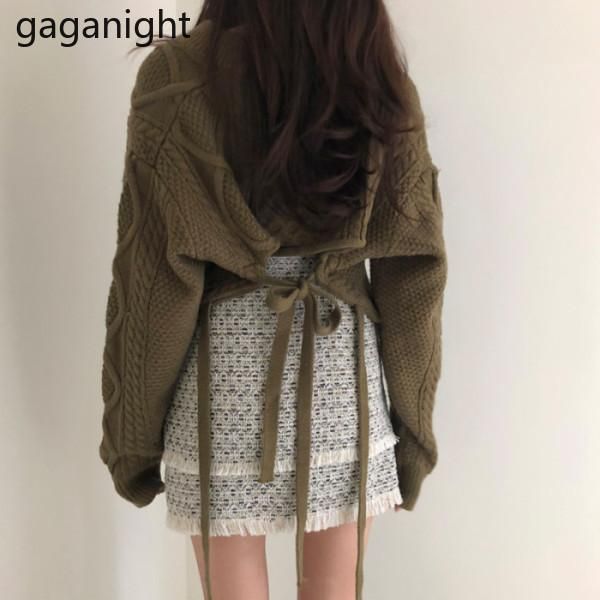 

women's sweaters gaganight vintage women back lace up sweater solid fashion outwear cropped pullovers lady chic korean drop, White;black
