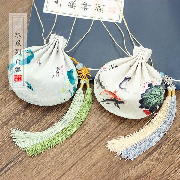 

handmade chinese style vintage jewelry storage bag gift landscape painting pattern sachet pouch lucky jade tassel drawstring bags