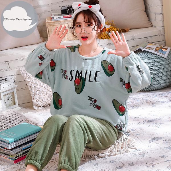 

winter warm flannel elegant women sleepwear pajamas lady cartoon print pajama set pullover coral fleece pijamas mujer home suits, Black;red