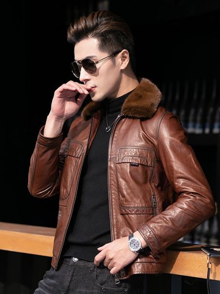 

collar genuine leather clothes mens slim-fitting biker thick down jacket coat fashion men's & faux, Black
