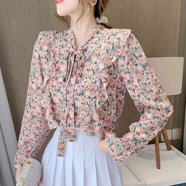 

40 fashion elegant bow womens shirt sleeve chiffon long vintage floral print ladies pullover ropa de mujer, White