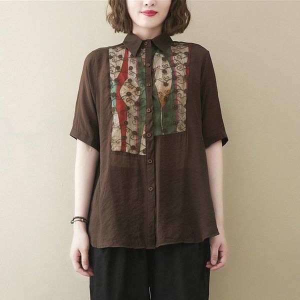

women's blouses & shirts women summer cotton linen casual arrival 2021 vintage style patchwork lace print loose ladies elegant b262, White