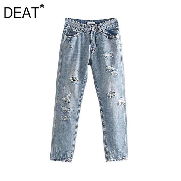 

[deat] 2021 summer fashion jean tide straight-leg pants loose high waist solid color hole personality women jeans women's, Blue