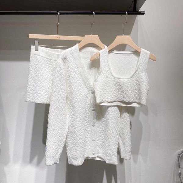 

women's tracksuits 2021 autumn women jacquard knitted loose cardigan coat + vest shorts pants female casual suits 3 piece sets 2 color, Gray