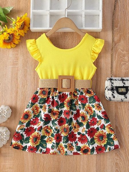 

toddler girls ruffle trim floral hem belted dress she, Red;yellow