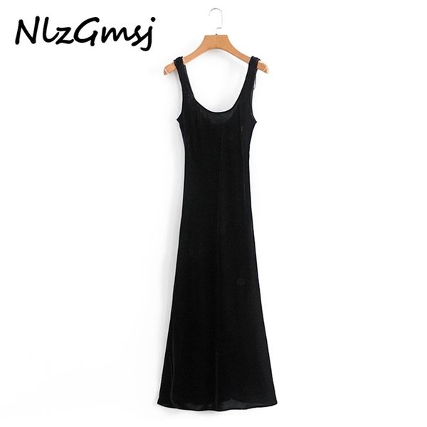 

nlzgmsj women summer velvet sleeveless dress o-neck solid black vintage female street elegant long maix dresses clothes 210628, Black;gray