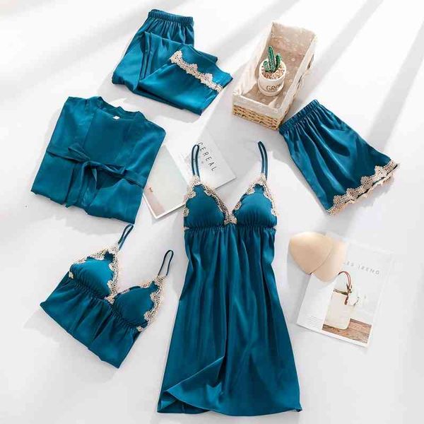 

women's sleepwear lace 5pcs pjs sets women outfits pajamas pyjamas pour femme summer ice silk satin home clothes kimono robe, Black;red
