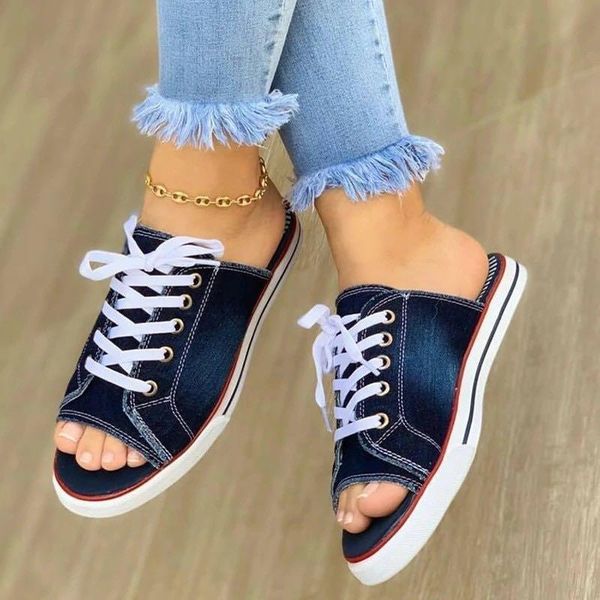 

slippers 2021 women canvas flat shoes summer lace up open toe ladies sandals casual beach slides big size female flip flops, Black