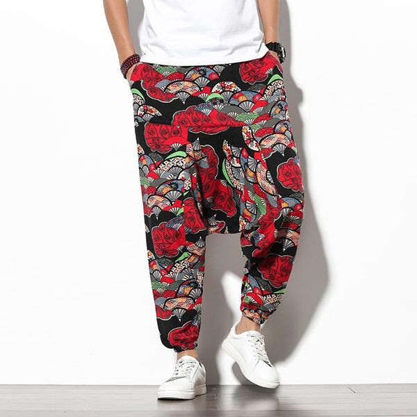 

men's pants men harem drop crotch pockets joggers printed casual trousers loose hip hop baggy korean cotton wide leg, Black