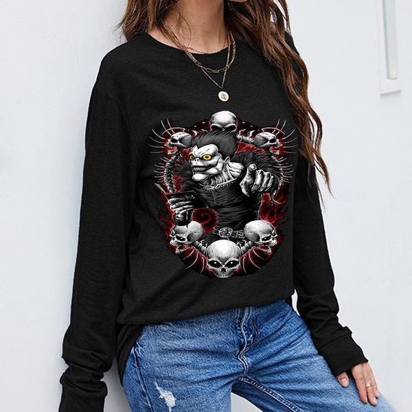 

women long sleeve t-shirts autumn winter animation manga pattern printing round neck pullovers girls loose tees casual sport street wear, White