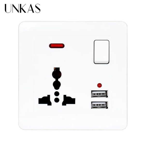 

smart home control unkas white wall power push button switch 13a universal 3 hole socket 2.1a dual usb charger port led indicator 86mm*86mm