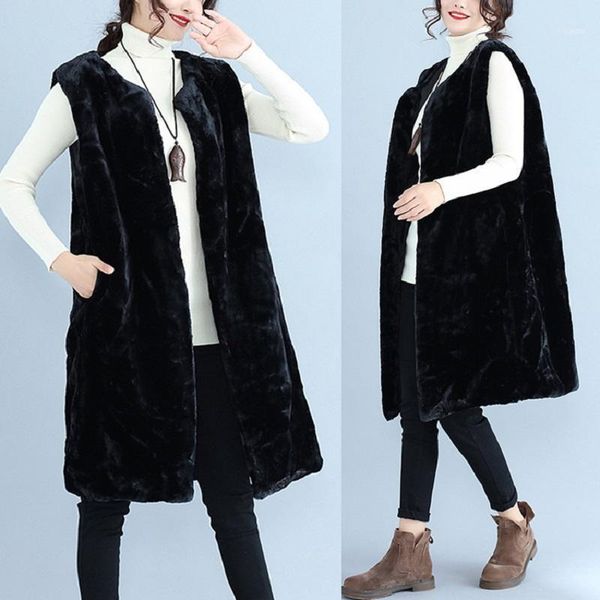 

plus size 2021 autumn and winter women's wool vest faux fur o-neck collar coat jacket chalecos1, Black;white