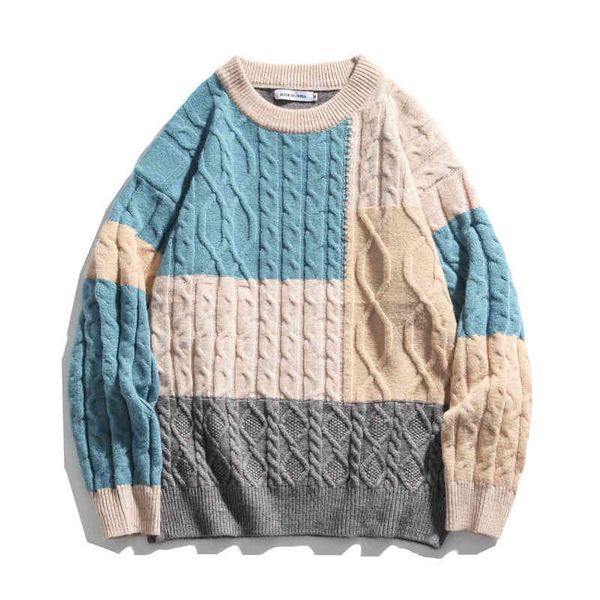 

men's sweaters vintage korean-style knit sweater, man-made jacket with round collar and patchwork for autumn winter 6li7, White;black