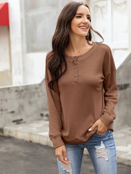 

solid half button placket drop sleeve sweatshirt p1uk#, White;black