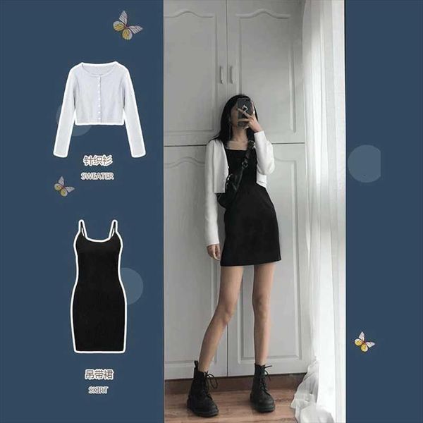 

two pieces skirt set] black womens tracksuits suspender white high waist slim early spring cool girl piece suit set, Gray