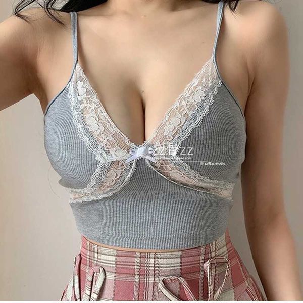 Summer Bralette Top Corea Sexy Mesh Lace Scollo a V Sweet Patchwork Busto grande Navel Bottoming Canotte rosa Vest Befree Tunica ON18 210603