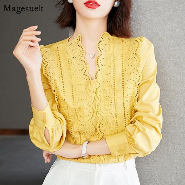 

women's blouses & shirts lace women blouse elegant hollow casual woman shirt autumn long sleeve yellow v-neck lady blusas mujer de mod, White