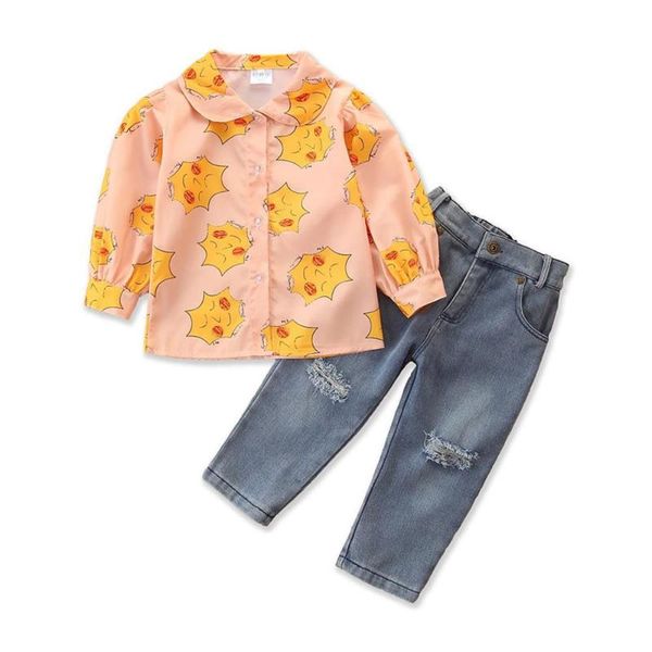 

clothing sets kawaii kids girls long sleeve lapel button shirt + blue jeans outfit casual printed denim trousers, White