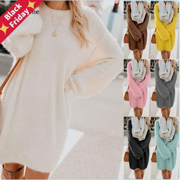 

autumn winter dress women plush fleece warm midi sweater long sleeve o neck casual loose solid color party dresses, Black;gray