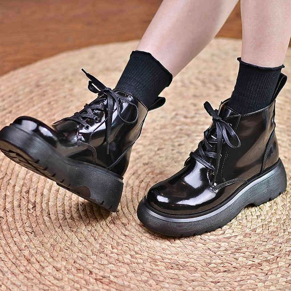 

boots genuine leather round toe ladies ankle boots lace up heels bombs for women winter working women's basic shoes y8c2, Black