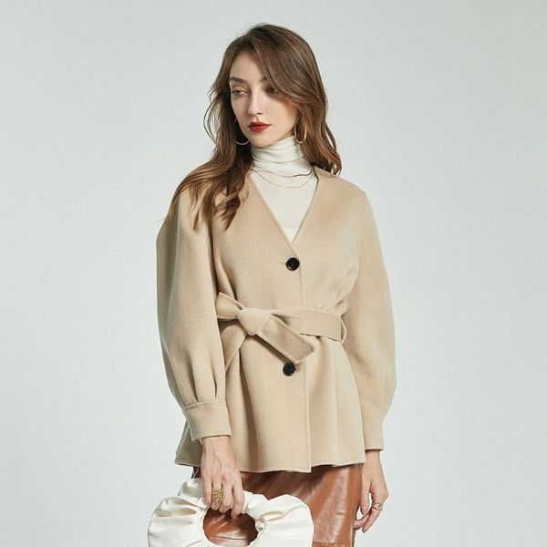 

women's wool & blends fall v-neck single-breasted double-sided woollen coat winter clothes for women, Black