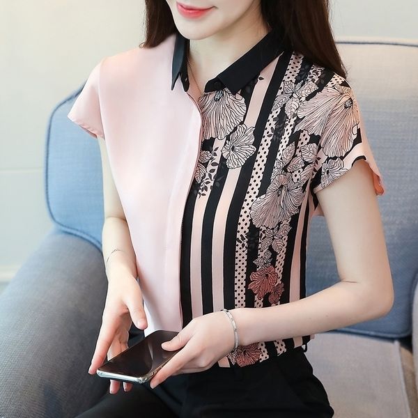 Корейские шифоновые женские рубашки летние женщины полосатая рубашка леди блузки женщина цветочная рубашка топы плюс размер blusas mujer de moda 210317