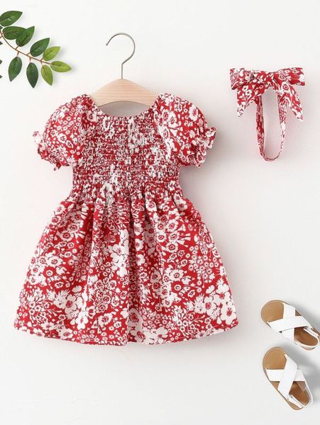 

baby floral print shirred puff sleeve dress with headband she, Red;yellow