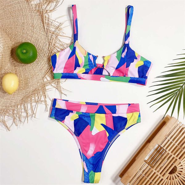 

colorful cut out high waist bikini female swimsuit women swimwear two-pieces bikini set padded bather bathing suit swim k2901