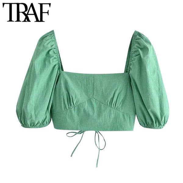 

women fashion with elastic trims cropped blouses vintage short sleeve back cross straps female shirts chic 210507, White