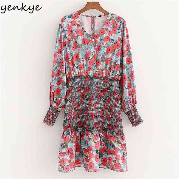 

fashion women floral print sweet ruffle dress lantern sleeve v neck bodycon mini summer plus size vestidos 210514, Black;gray