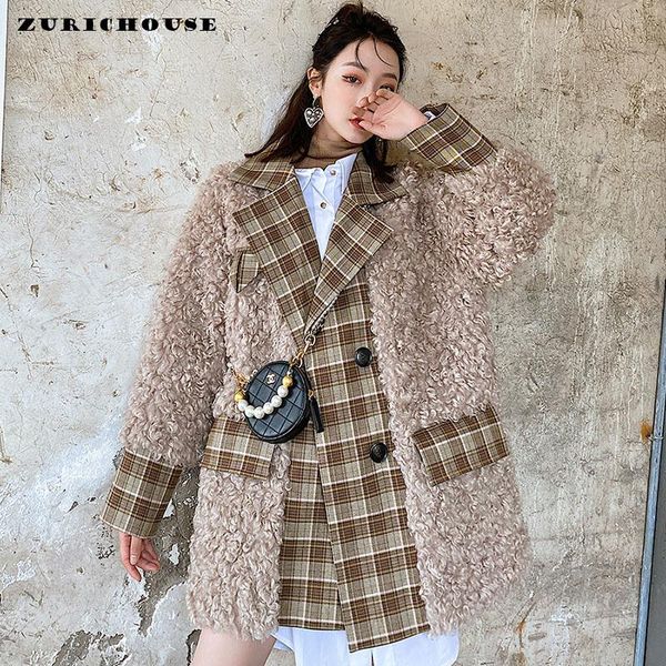 

women's fur & faux zurichouse brand winter teddy jacket women warm fashion plaid spliced design lambswool coat female p3574, Black