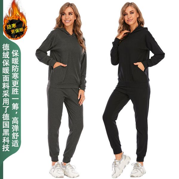 

winter spring cold proof warm plush suit with pocket sports leisure fitns yoga cloth and, Gray