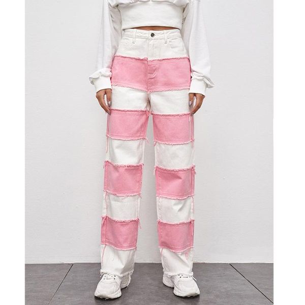 

women's pants & capris 2021 spring autumn fashion color contrast stitching jeans high waist straight wide leg long streetwear, Black;white